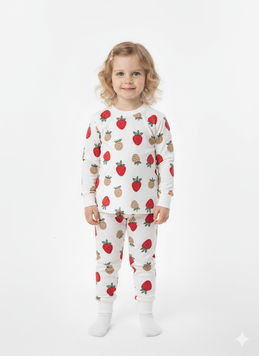 Desenli Şardonlu Pijama Takımı ile gülümseyen bir çocuk, çilek desenli pijamalar giymekte.