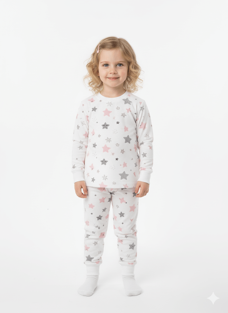 Desenli Şardonlu Pijama Takımı çocuk pijaması, yıldız desenli, rahat ve şık tasarım.