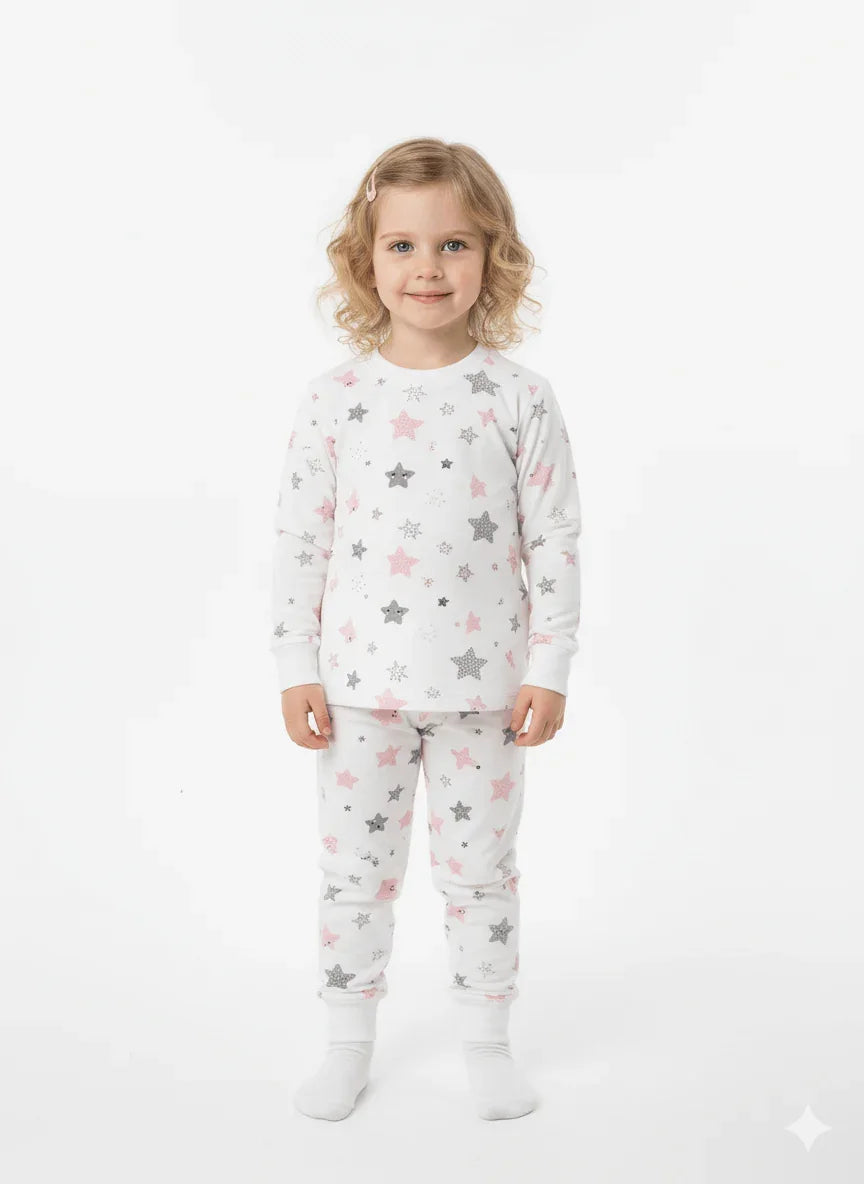 Desenli Şardonlu Pijama Takımı çocuk pijaması, yıldız desenli, rahat ve şık tasarım.