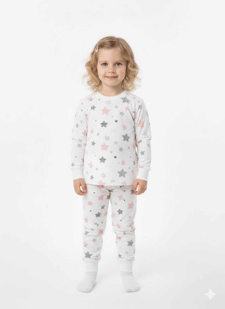 Çocuk neşeli Desenli Şardonlu Pijama Takımı ile yıldız desenli pijama giymekte.