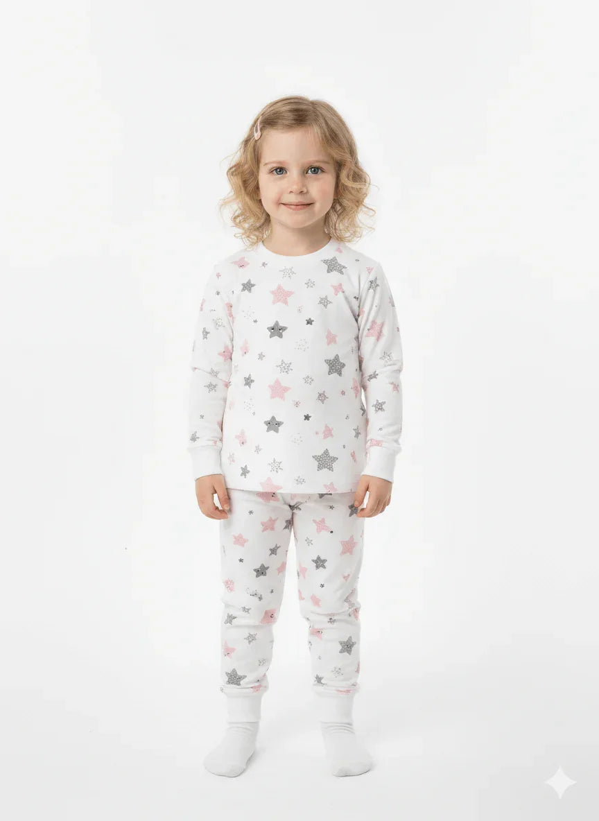 Çocuk neşeli Desenli Şardonlu Pijama Takımı ile yıldız desenli pijama giymekte.