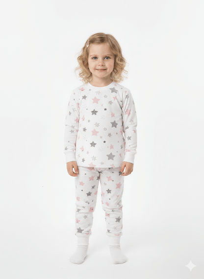 Çocuk neşeli Desenli Şardonlu Pijama Takımı ile yıldız desenli pijama giymekte.