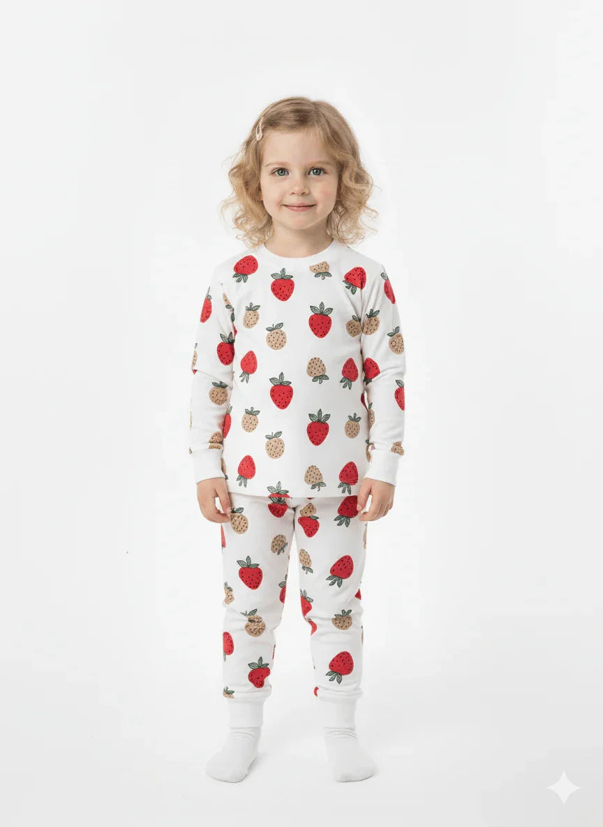 Desenli Şardonlu Pijama Takımı ile gülümseyen bir çocuk, çilek desenli pijamalar giymekte.