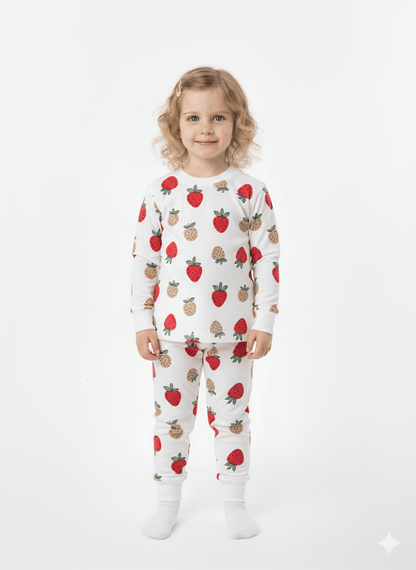 Desenli Şardonlu Pijama Takımı ile gülümseyen bir çocuk, çilek desenli pijamalar giymekte.